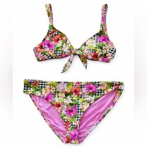 Bleu Rod Beattie Floral Gingham Bikini Set Tie Front M/L